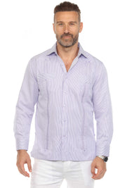 Camisa Guayabera de Rayas de Mezcla de Algodón para Hombre Manga Larga