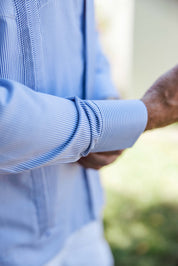 Camisa Guayabera de Rayas de Mezcla de Algodón para Hombre Manga Larga