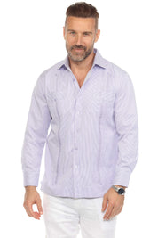 Camisa Guayabera de Rayas de Mezcla de Algodón para Hombre Manga Larga