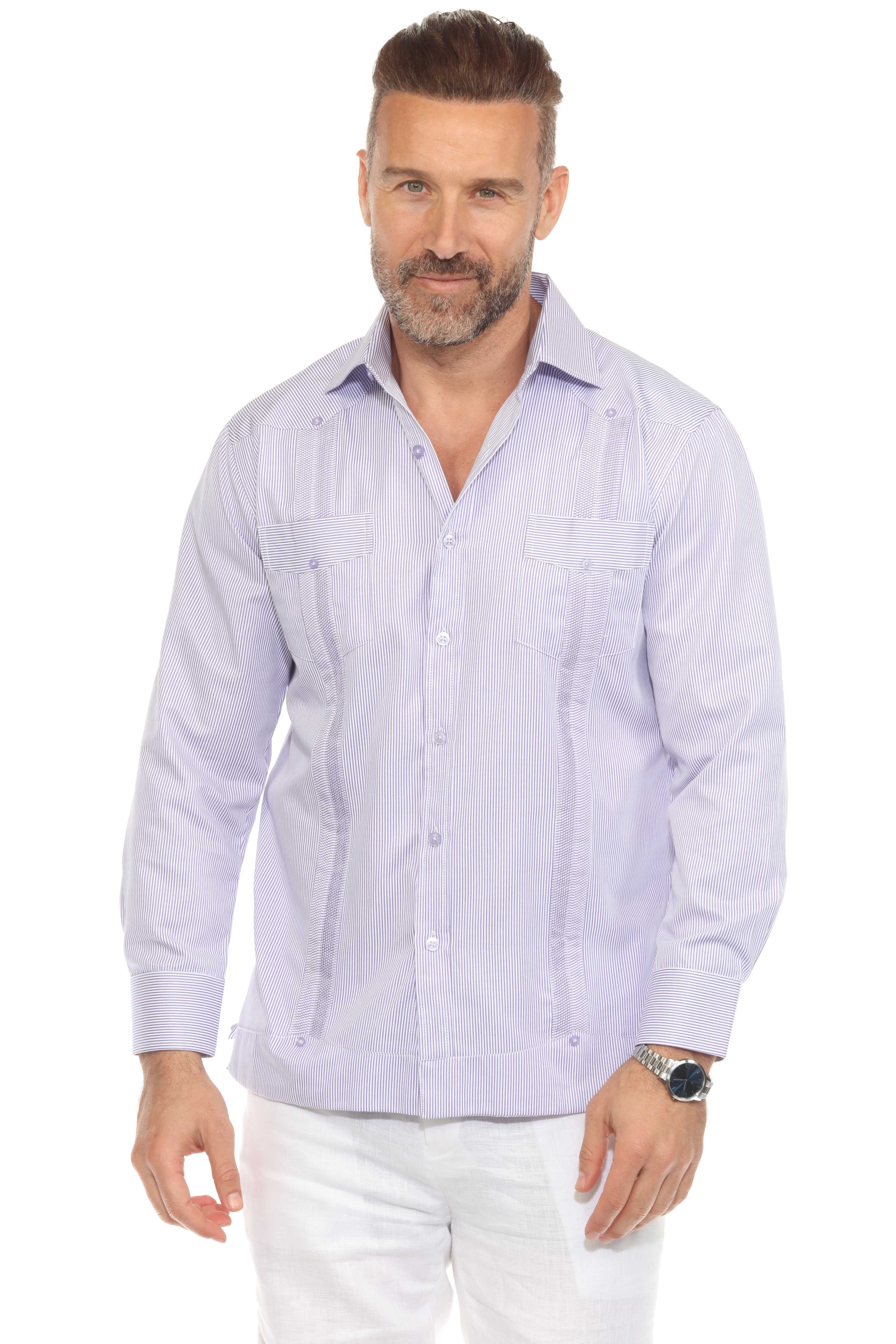 Camisa Guayabera de Rayas de Mezcla de Algodón para Hombre Manga Larga