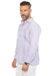 Camisa Guayabera de Rayas de Mezcla de Algodón para Hombre Manga Larga