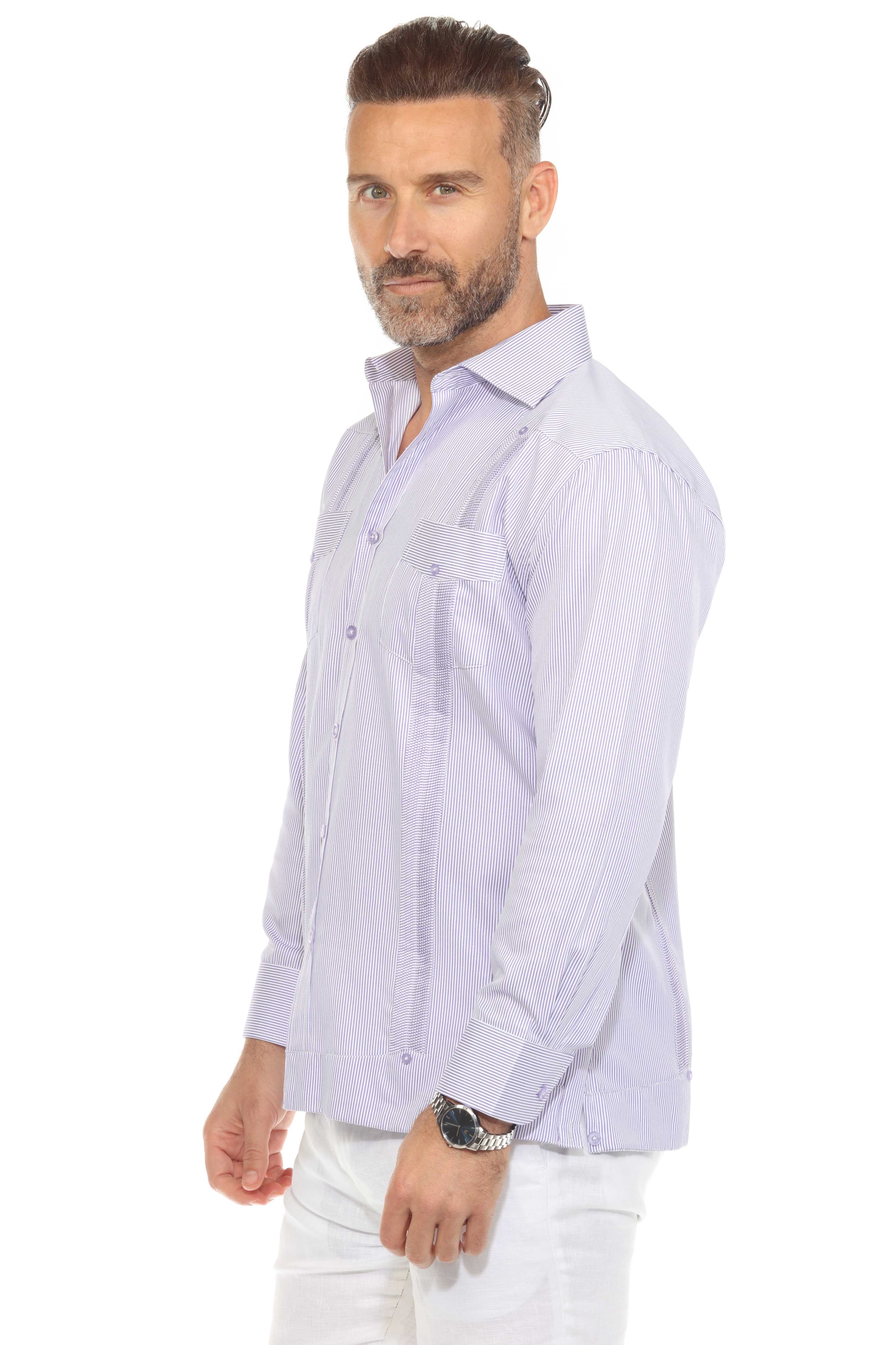 Camisa Guayabera de Rayas de Mezcla de Algodón para Hombre Manga Larga