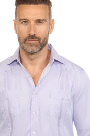 Camisa Guayabera de Rayas de Mezcla de Algodón para Hombre Manga Larga