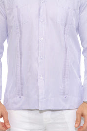 Camisa Guayabera de Rayas de Mezcla de Algodón para Hombre Manga Larga