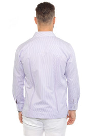 Camisa Guayabera de Rayas de Mezcla de Algodón para Hombre Manga Larga