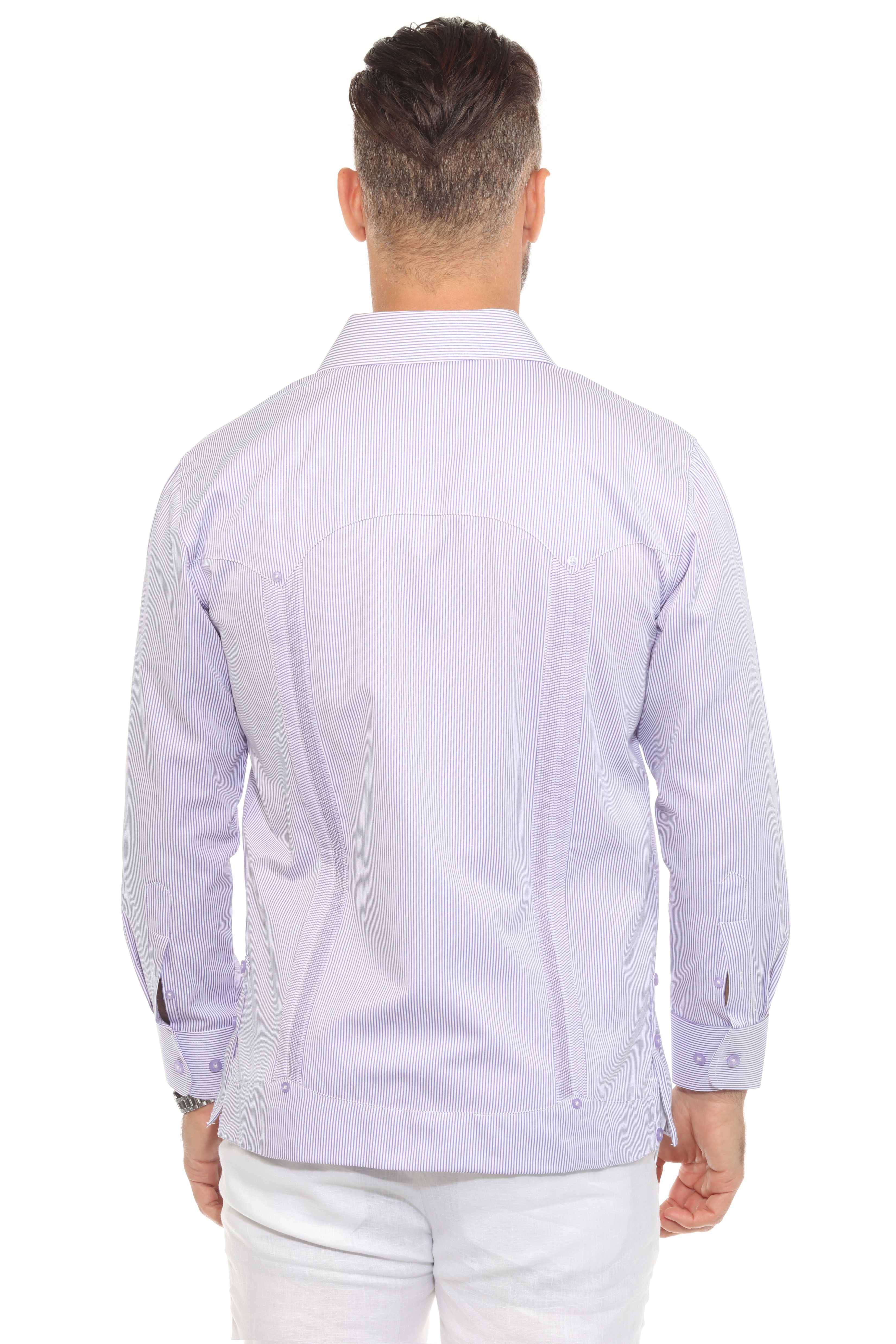 Camisa Guayabera de Rayas de Mezcla de Algodón para Hombre Manga Larga