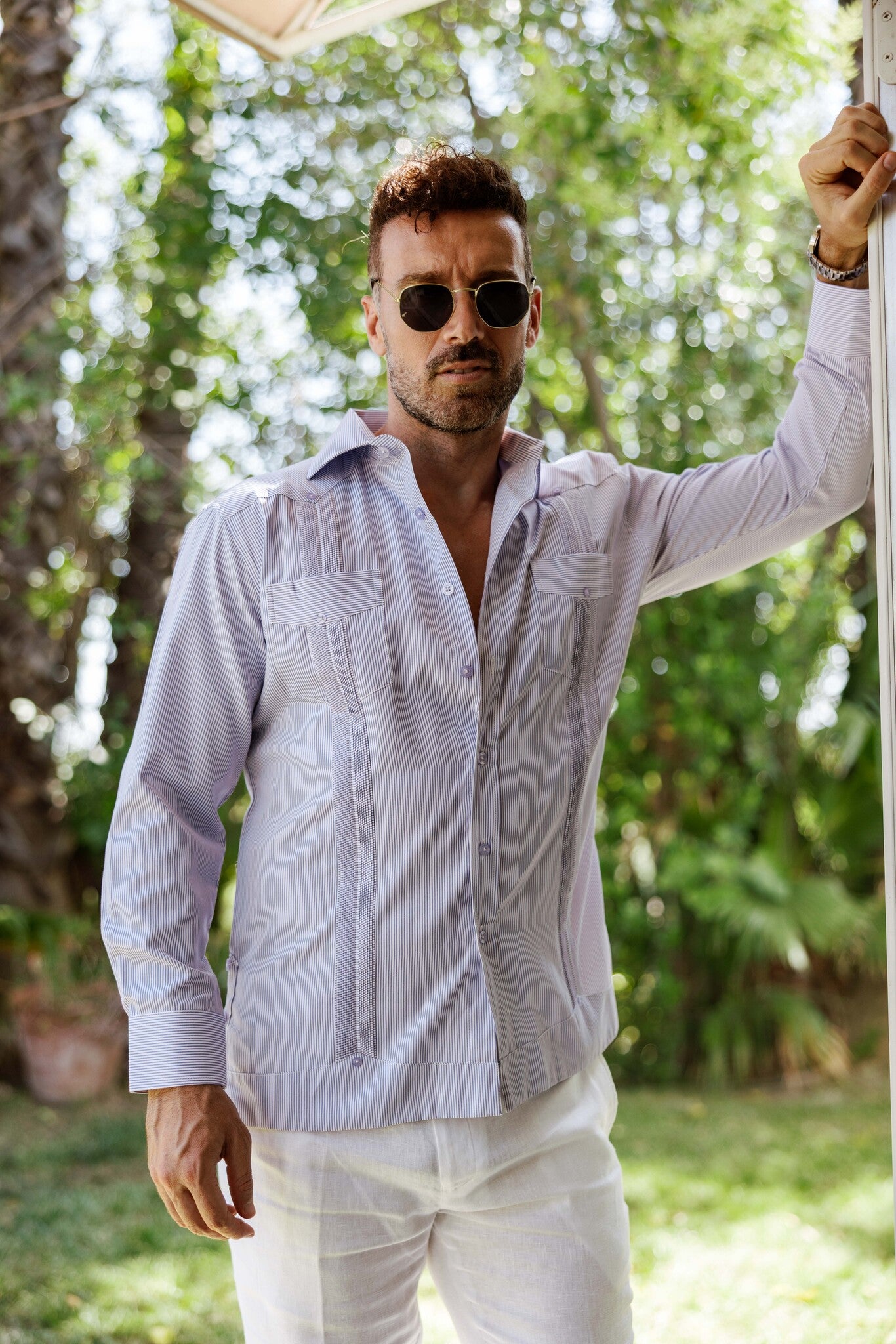 Camisa Guayabera de Rayas de Mezcla de Algodón para Hombre Manga Larga