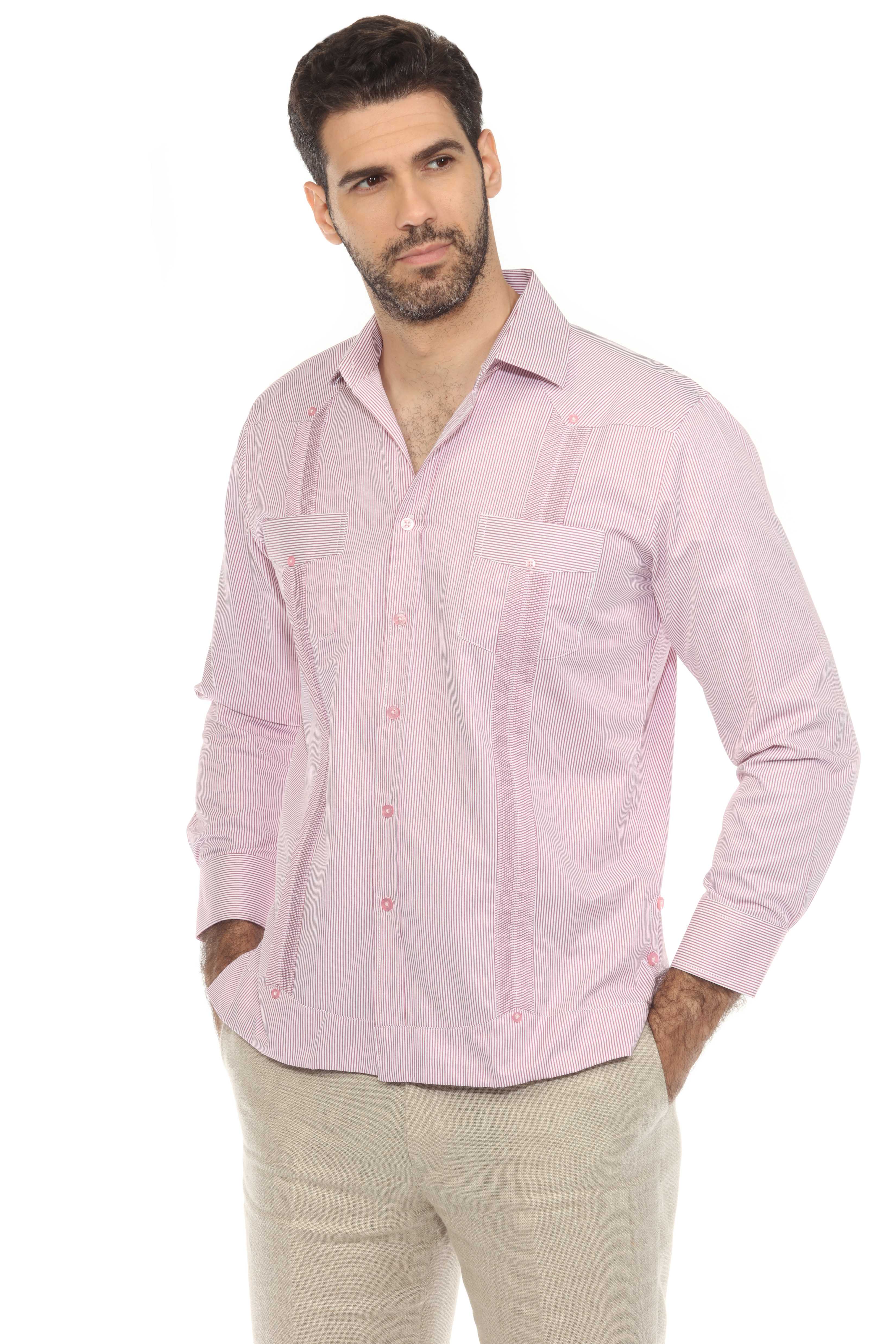 Camisa Guayabera de Rayas de Mezcla de Algodón para Hombre Manga Larga