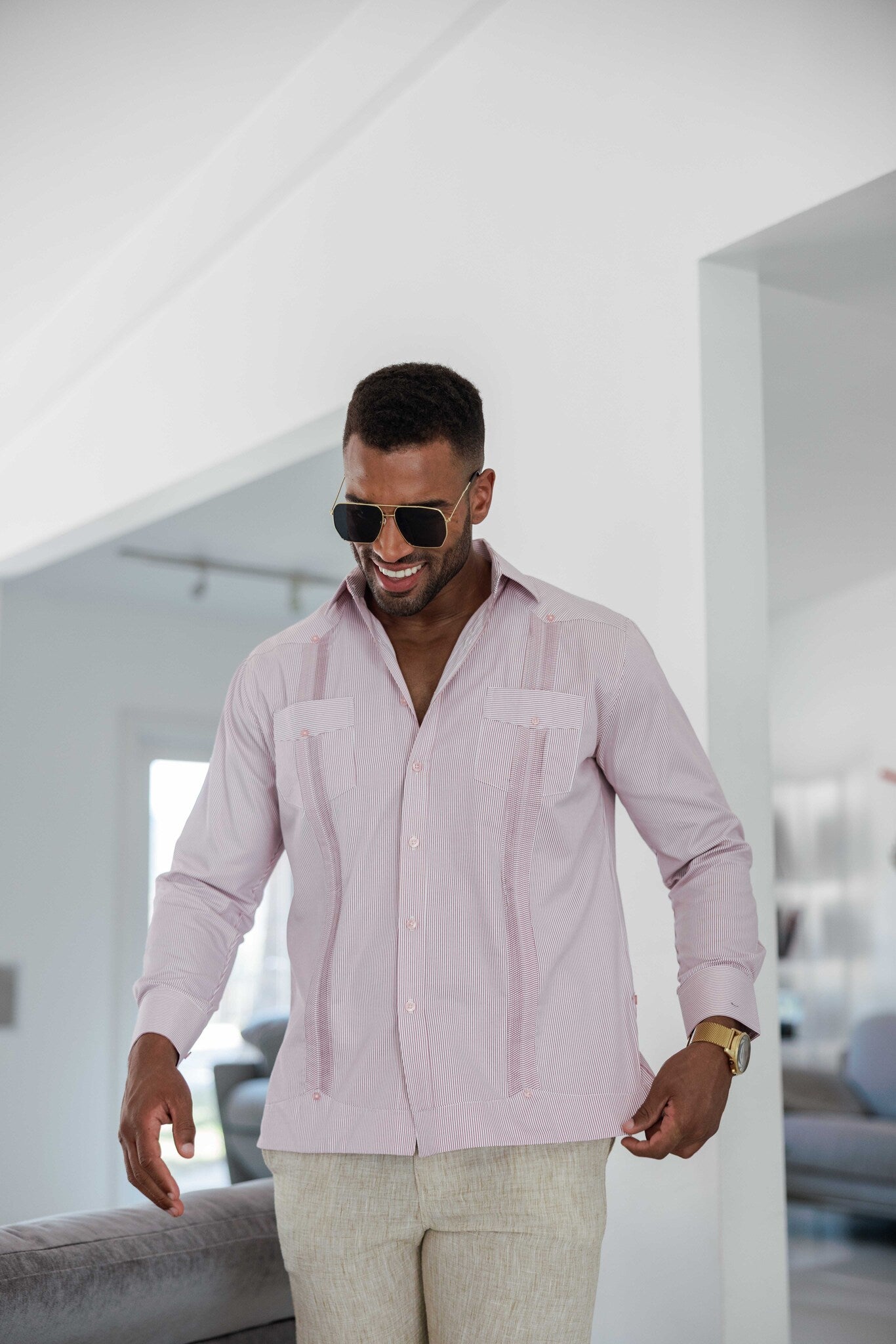 Camisa Guayabera de Rayas de Mezcla de Algodón para Hombre Manga Larga