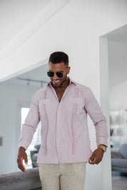 Camisa Guayabera de Rayas de Mezcla de Algodón para Hombre Manga Larga