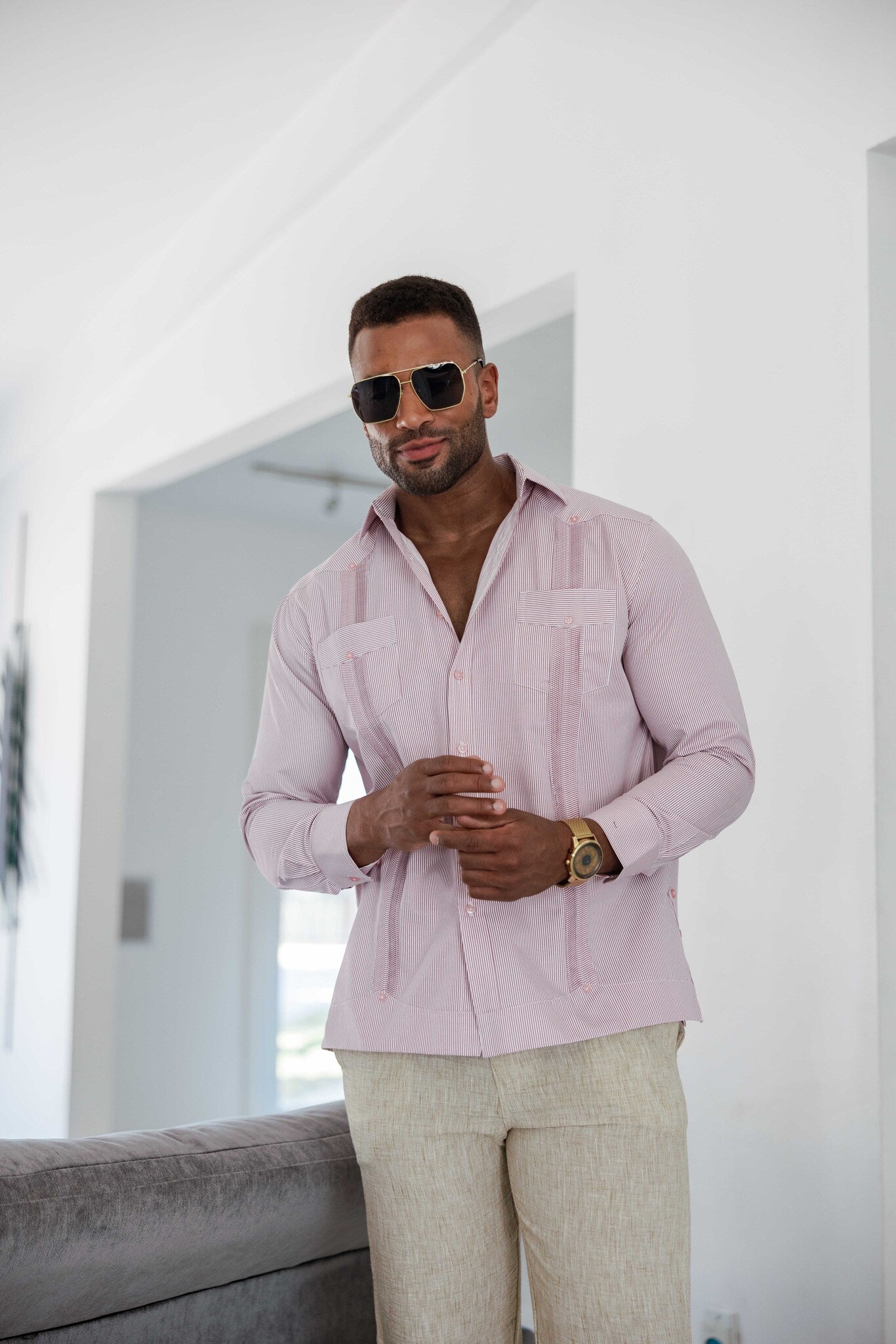 Camisa Guayabera de Rayas de Mezcla de Algodón para Hombre Manga Larga