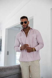 Camisa Guayabera de Rayas de Mezcla de Algodón para Hombre Manga Larga