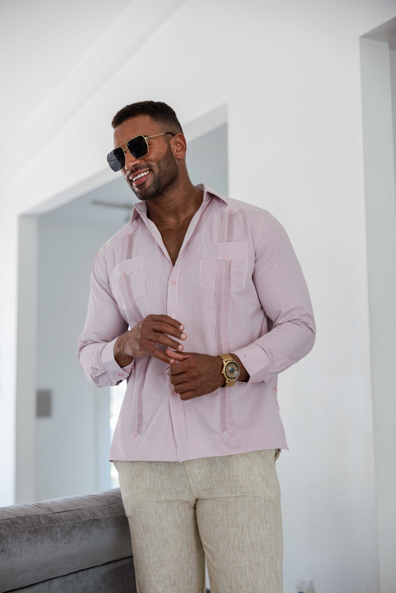 Camisa Guayabera de Rayas de Mezcla de Algodón para Hombre Manga Larga