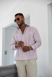 Camisa Guayabera de Rayas de Mezcla de Algodón para Hombre Manga Larga