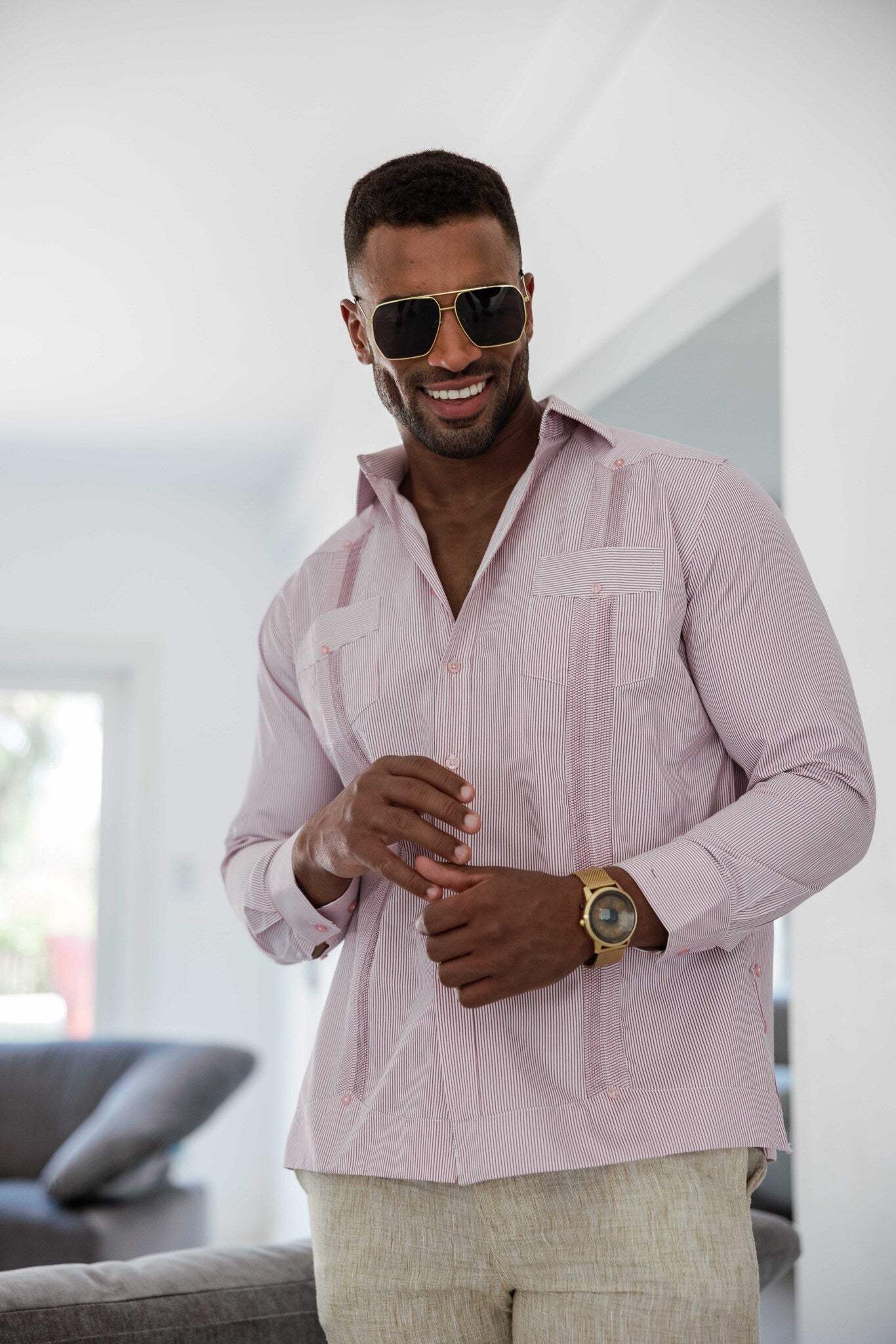 Camisa Guayabera de Rayas de Mezcla de Algodón para Hombre Manga Larga