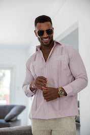 Camisa Guayabera de Rayas de Mezcla de Algodón para Hombre Manga Larga