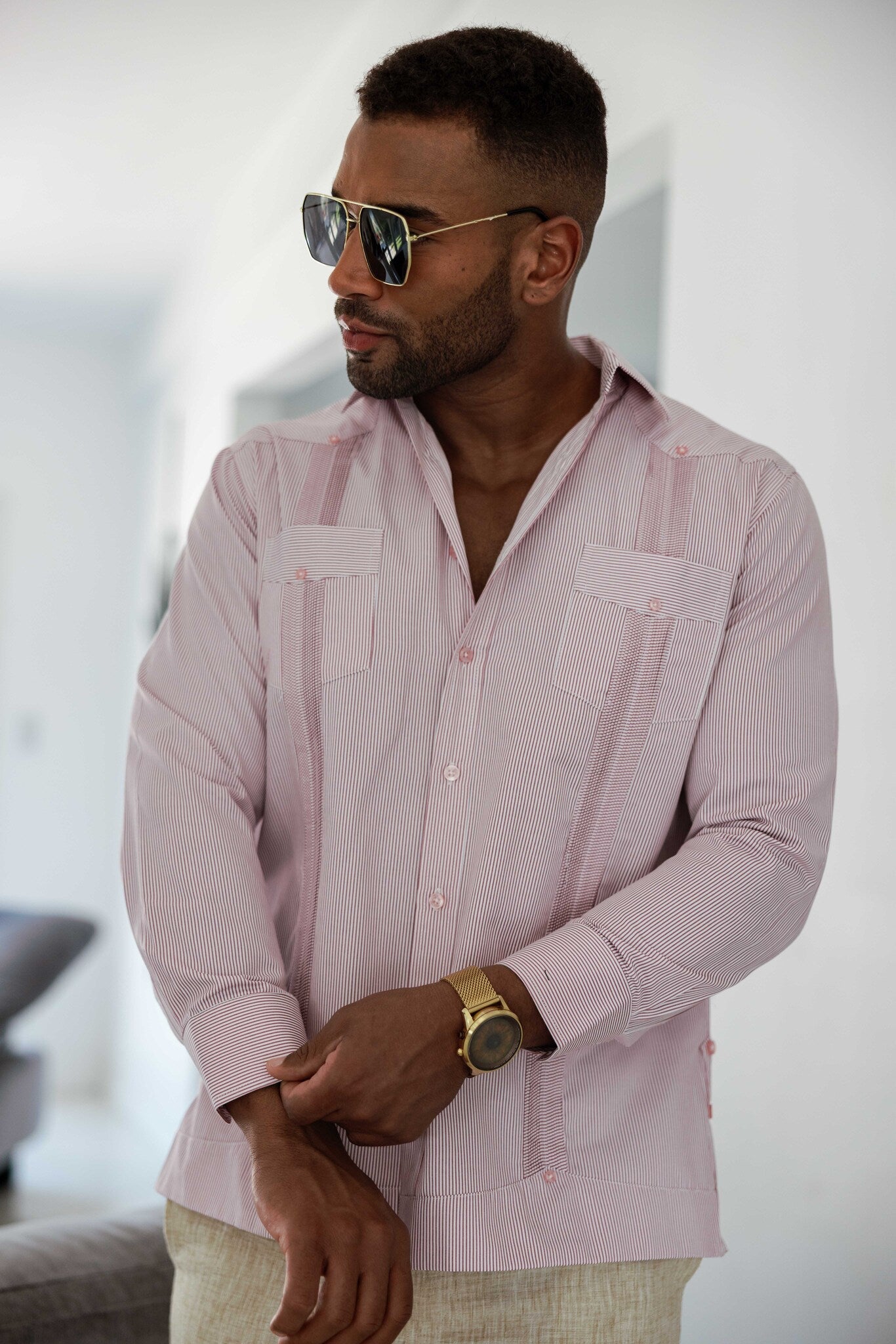 Camisa Guayabera de Rayas de Mezcla de Algodón para Hombre Manga Larga