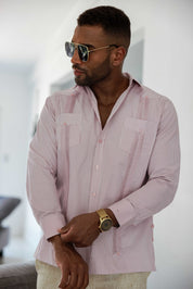 Camisa Guayabera de Rayas de Mezcla de Algodón para Hombre Manga Larga