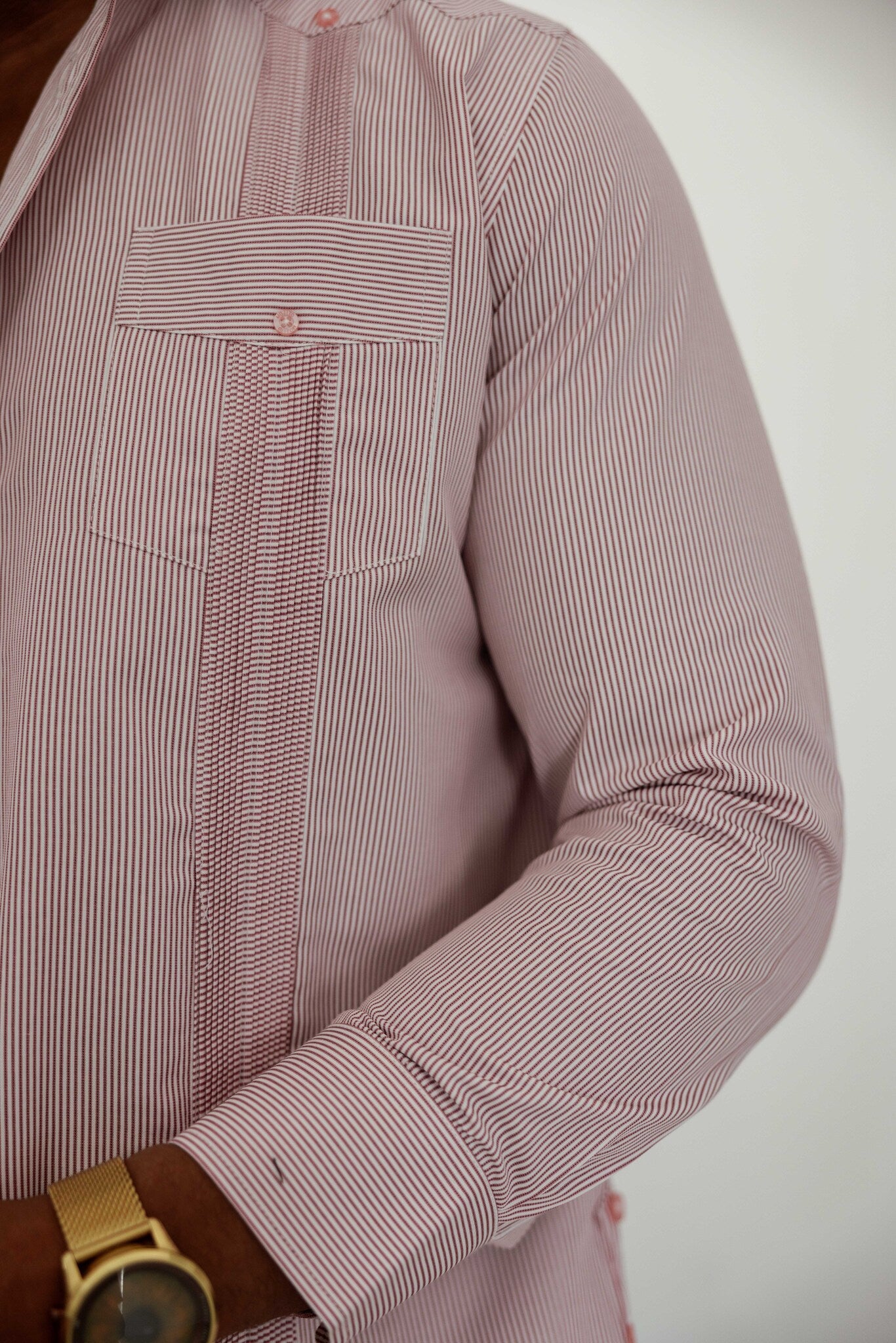 Camisa Guayabera de Rayas de Mezcla de Algodón para Hombre Manga Larga