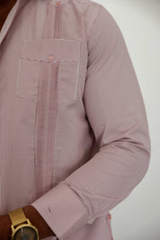 Camisa Guayabera de Rayas de Mezcla de Algodón para Hombre Manga Larga