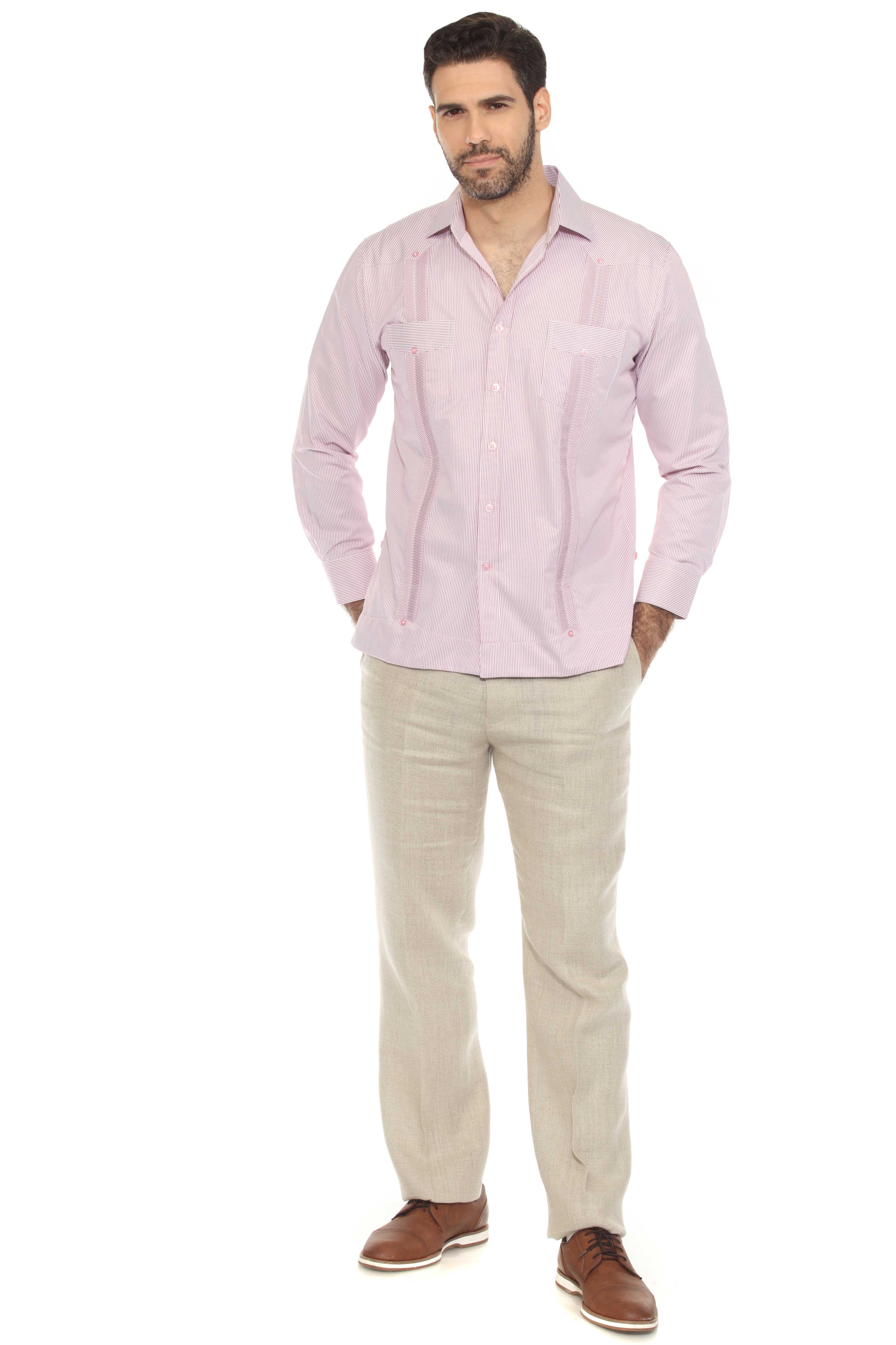 Camisa Guayabera de Rayas de Mezcla de Algodón para Hombre Manga Larga