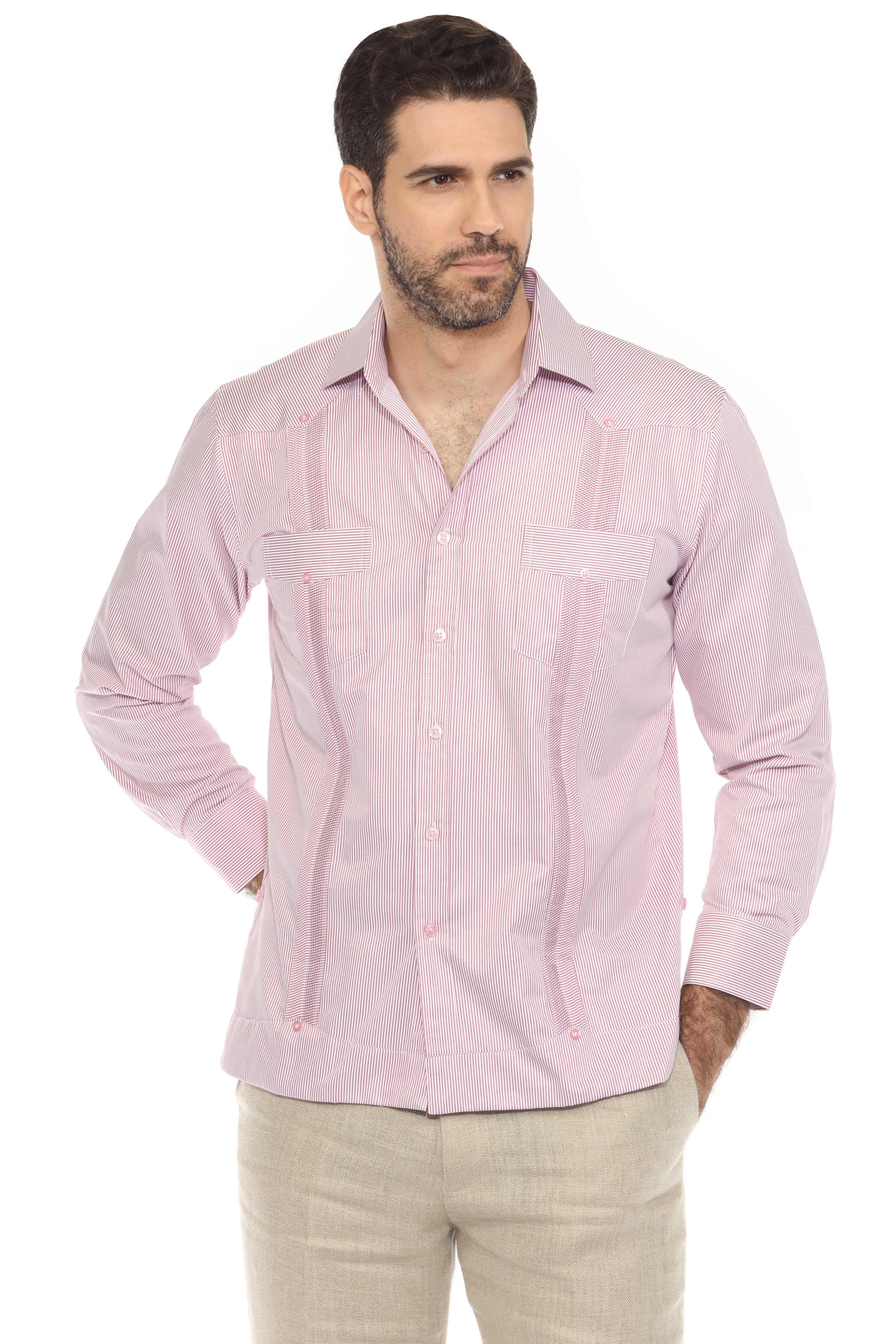 Camisa Guayabera de Rayas de Mezcla de Algodón para Hombre Manga Larga