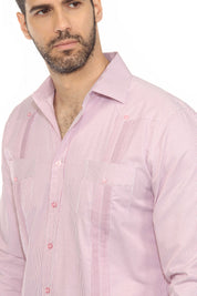 Camisa Guayabera de Rayas de Mezcla de Algodón para Hombre Manga Larga