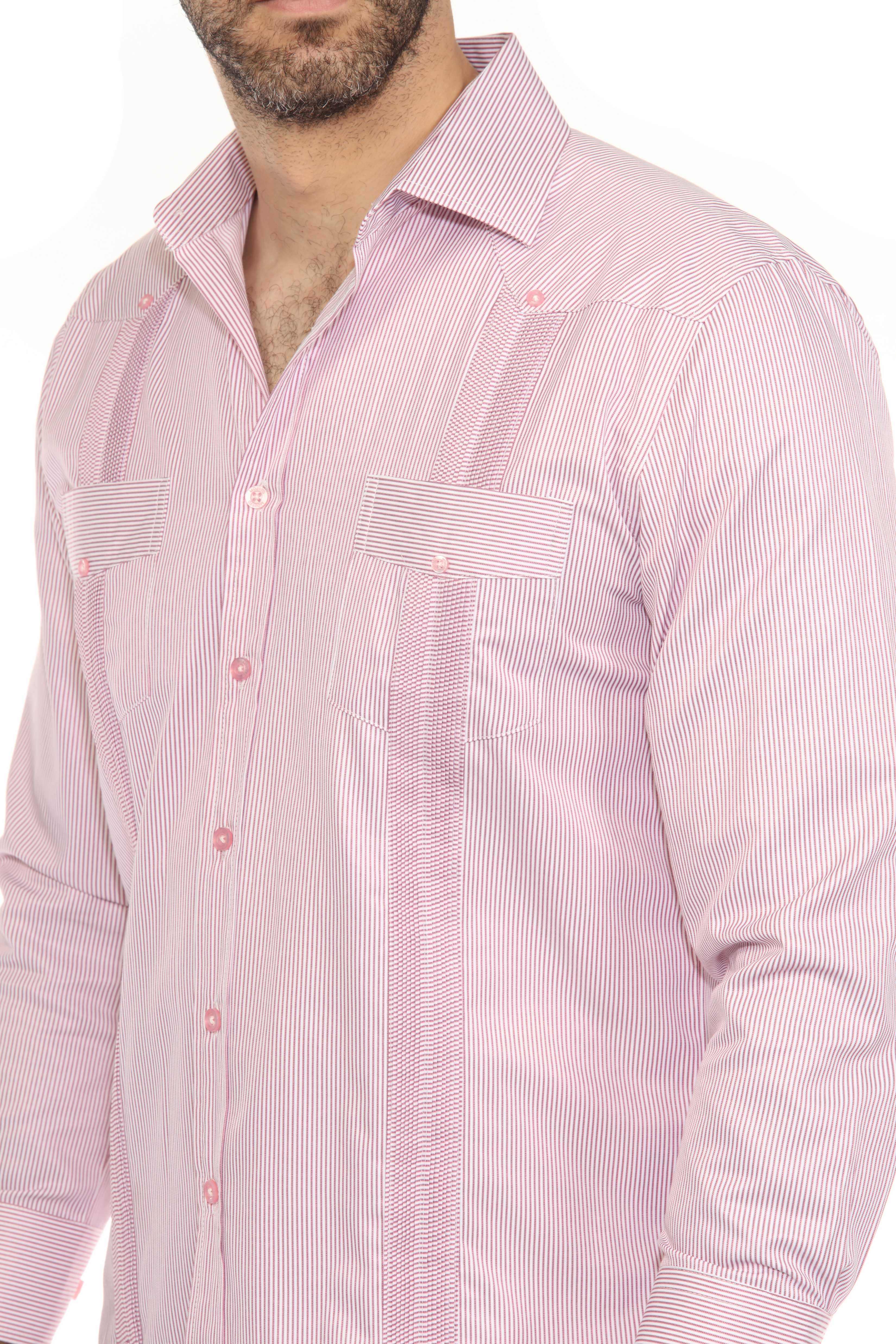 Camisa Guayabera de Rayas de Mezcla de Algodón para Hombre Manga Larga