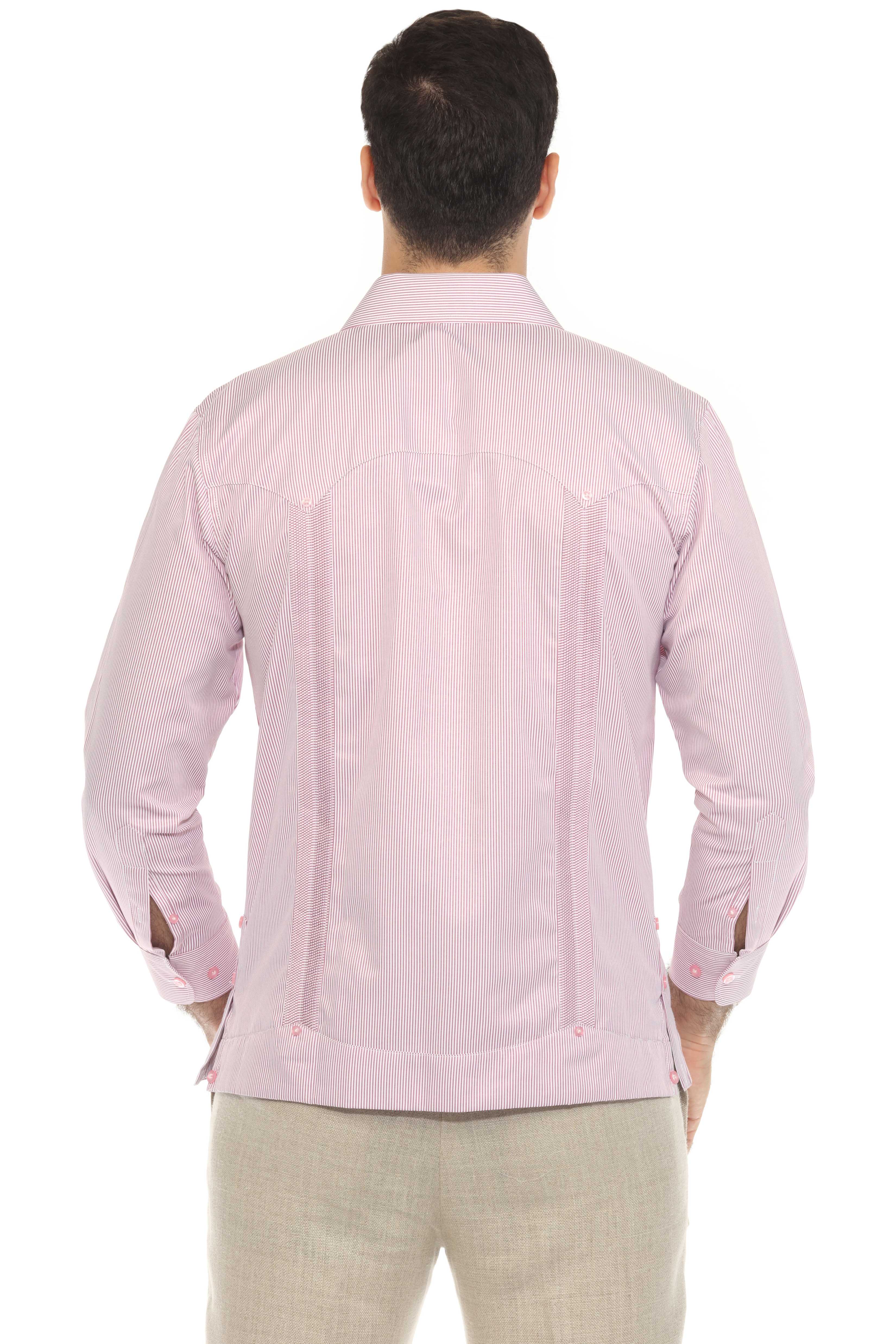 Camisa Guayabera de Rayas de Mezcla de Algodón para Hombre Manga Larga