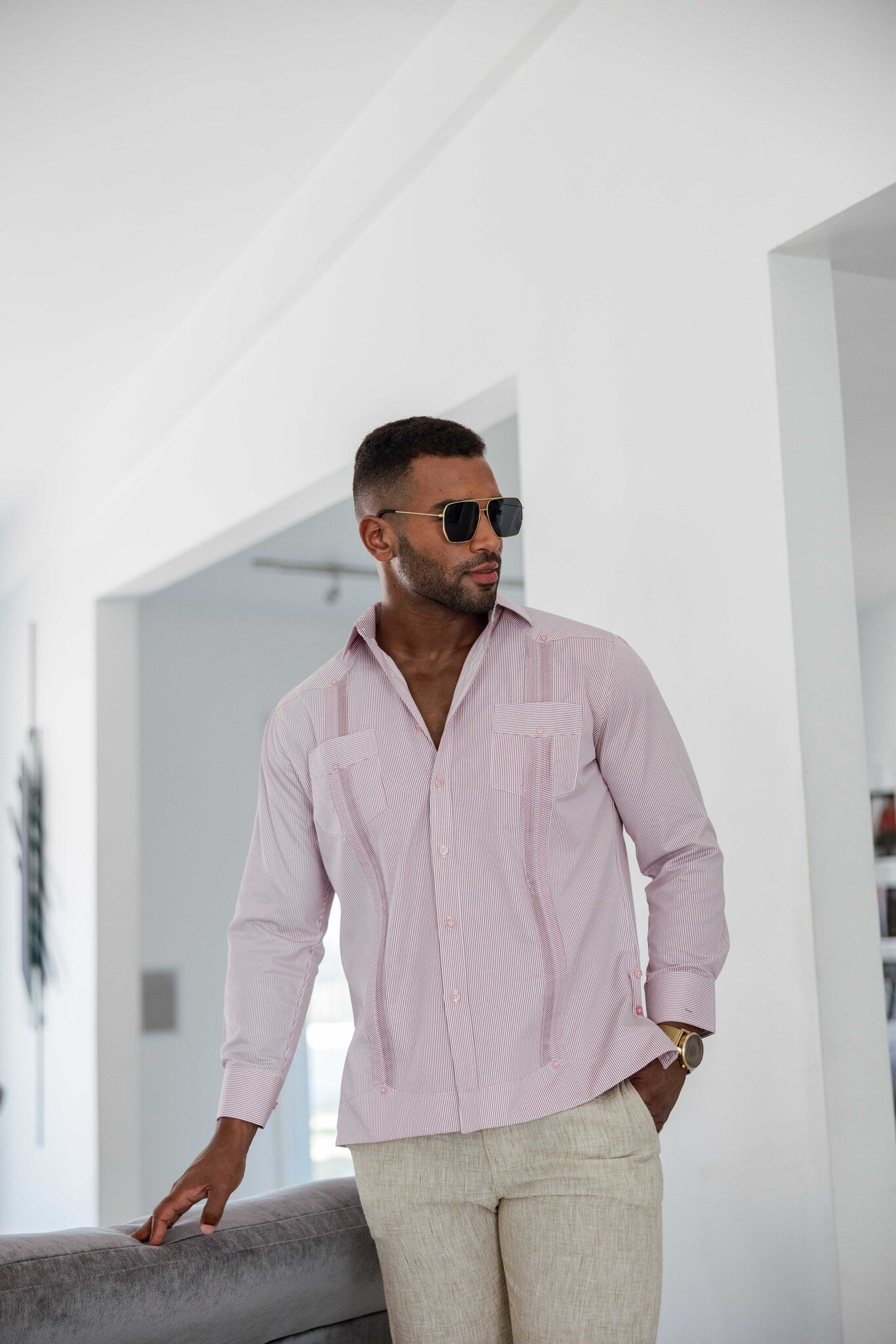 Camisa Guayabera de Rayas de Mezcla de Algodón para Hombre Manga Larga