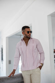 Camisa Guayabera de Rayas de Mezcla de Algodón para Hombre Manga Larga