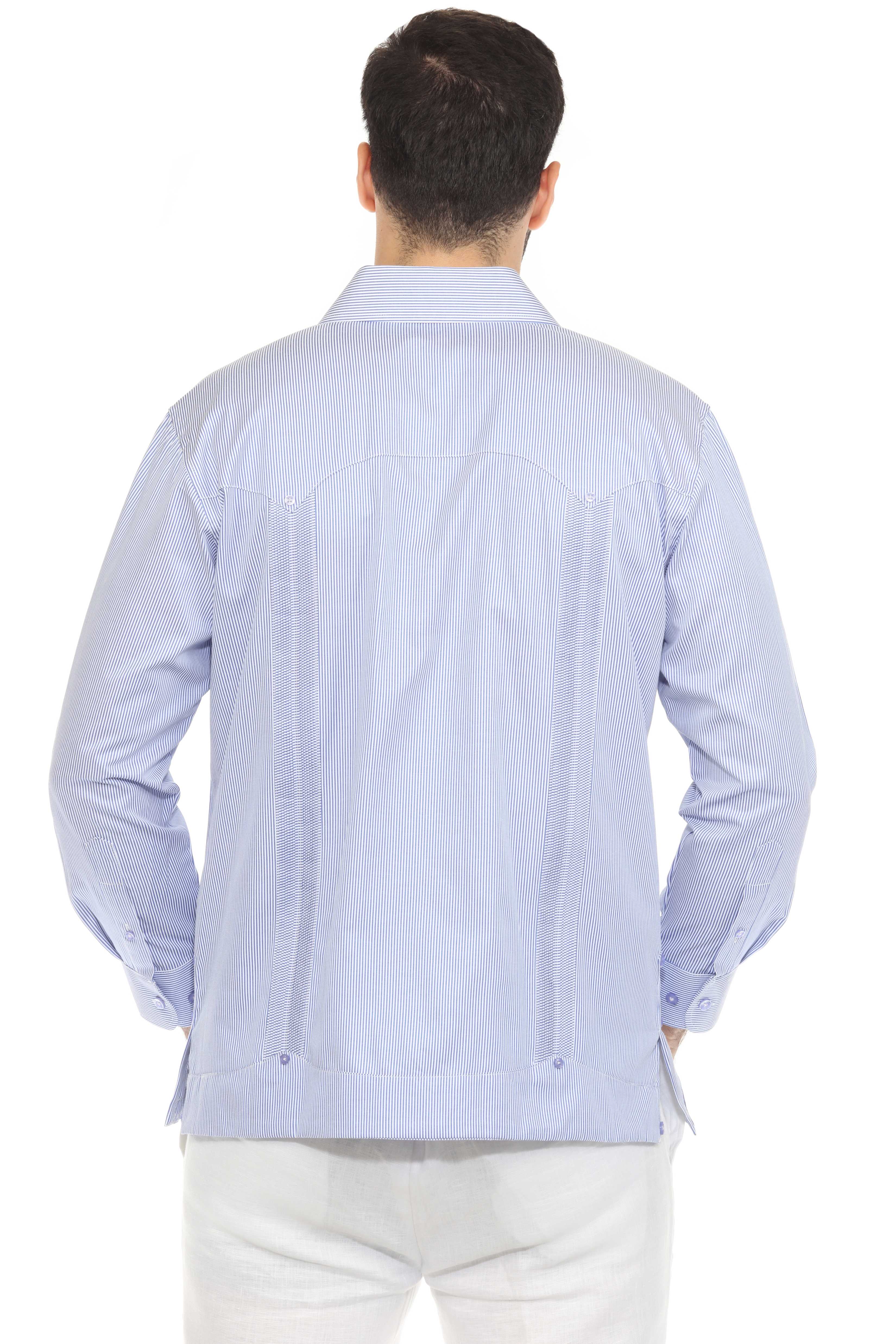 Camisa Guayabera de Rayas de Mezcla de Algodón para Hombre Manga Larga