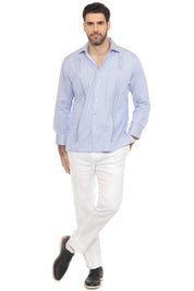 Camisa Guayabera de Rayas de Mezcla de Algodón para Hombre Manga Larga
