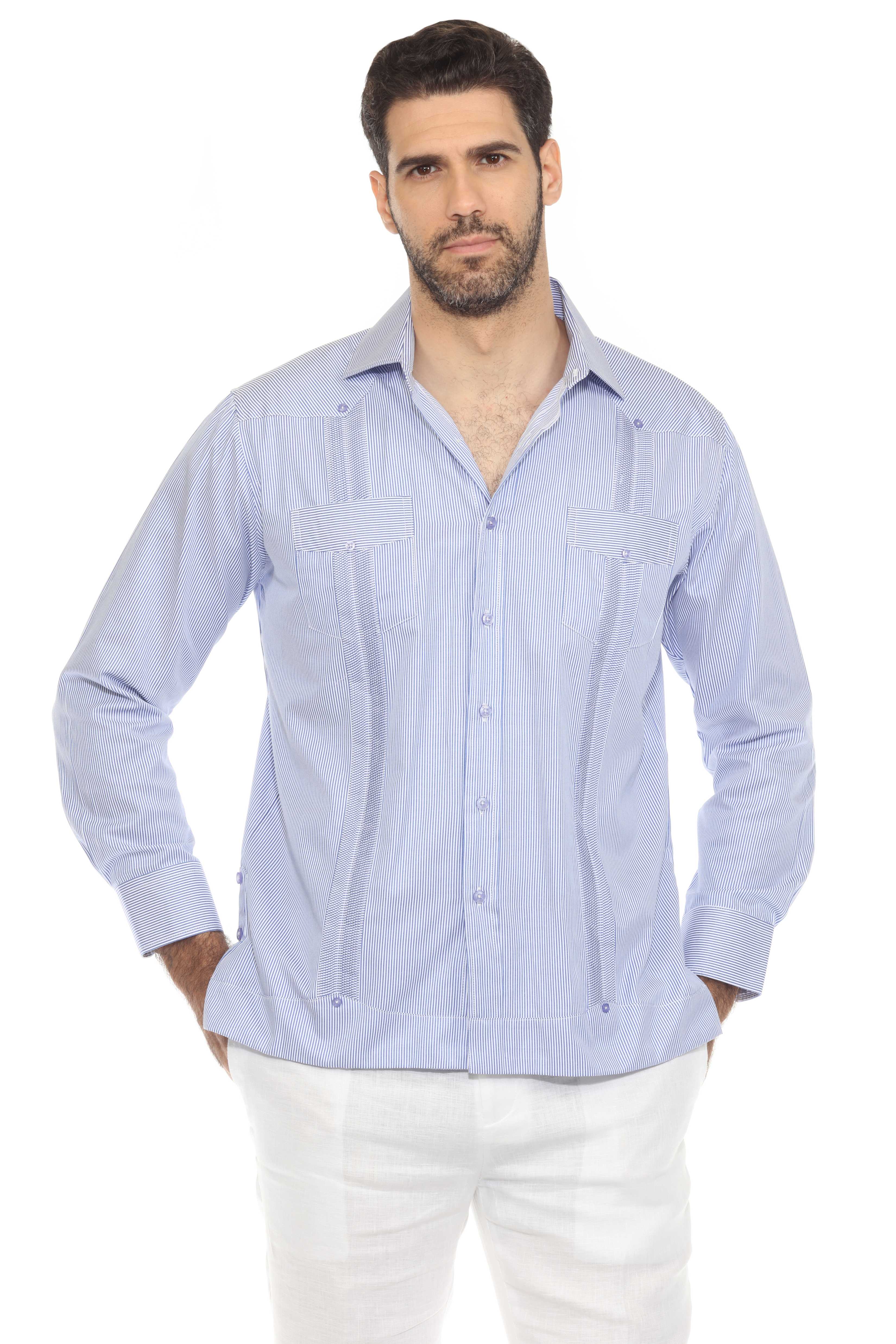 Camisa Guayabera de Rayas de Mezcla de Algodón para Hombre Manga Larga