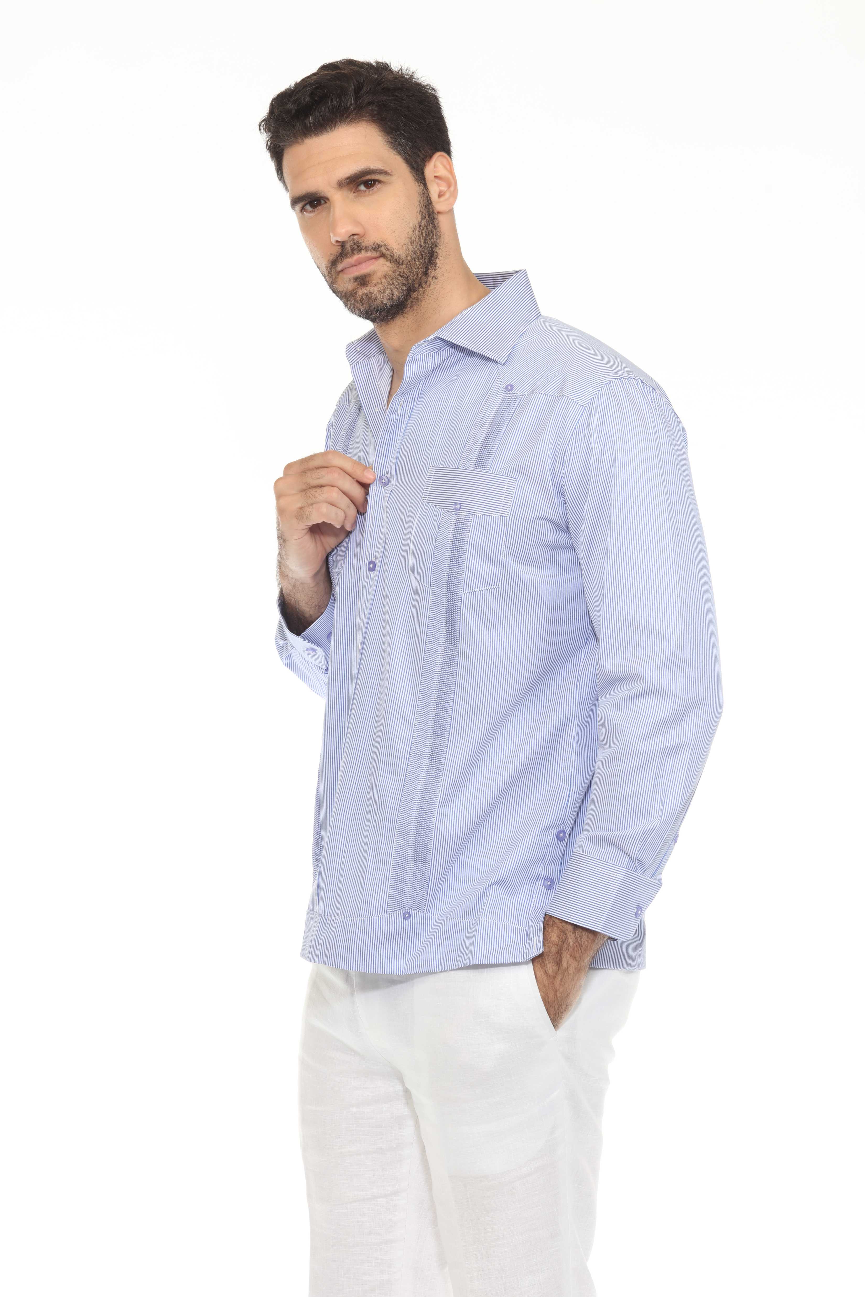 Camisa Guayabera de Rayas de Mezcla de Algodón para Hombre Manga Larga