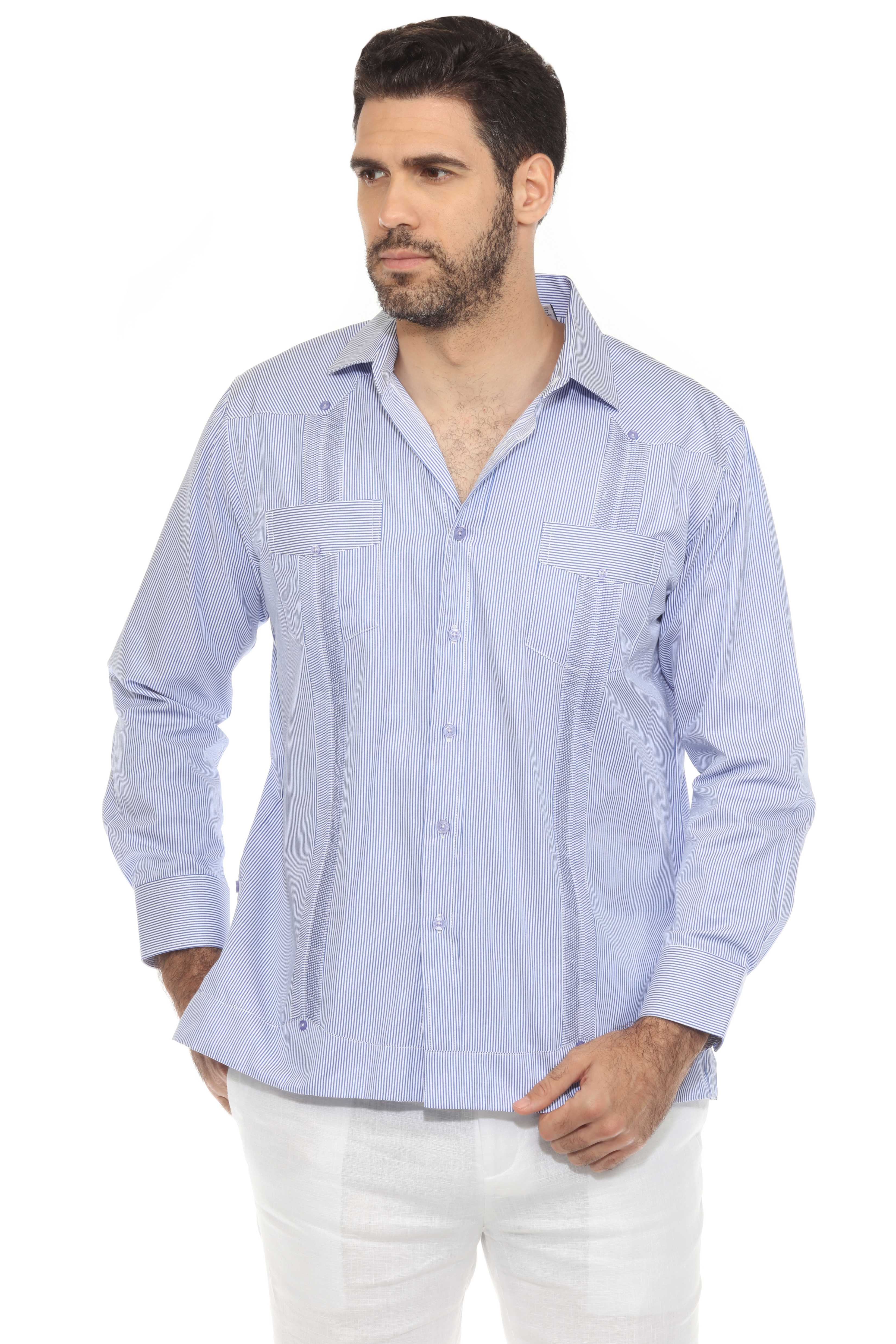 Camisa Guayabera de Rayas de Mezcla de Algodón para Hombre Manga Larga