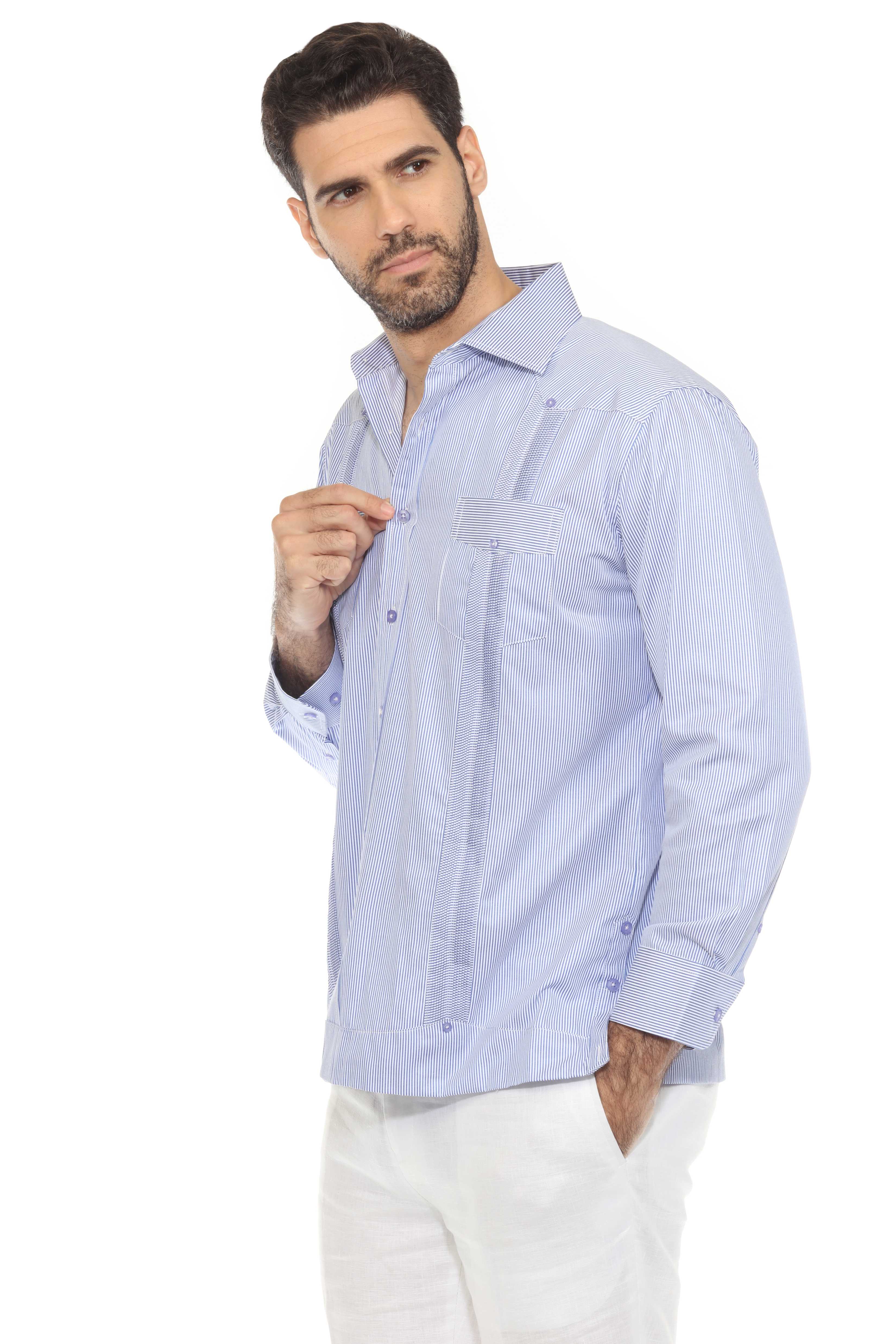 Camisa Guayabera de Rayas de Mezcla de Algodón para Hombre Manga Larga