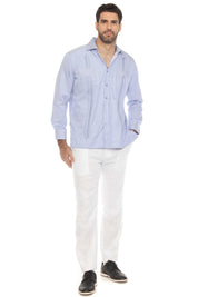 Camisa Guayabera de Rayas de Mezcla de Algodón para Hombre Manga Larga