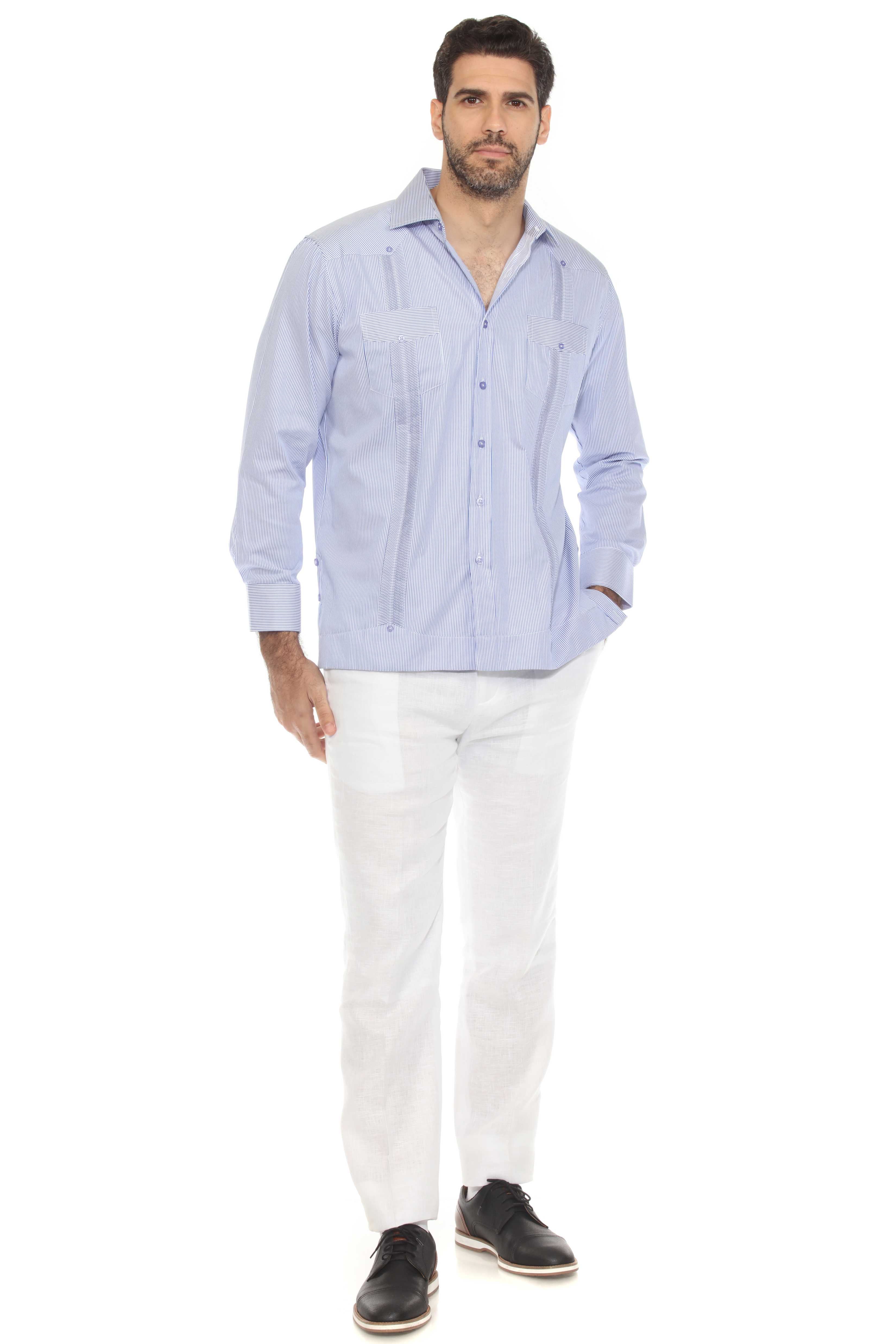 Camisa Guayabera de Rayas de Mezcla de Algodón para Hombre Manga Larga