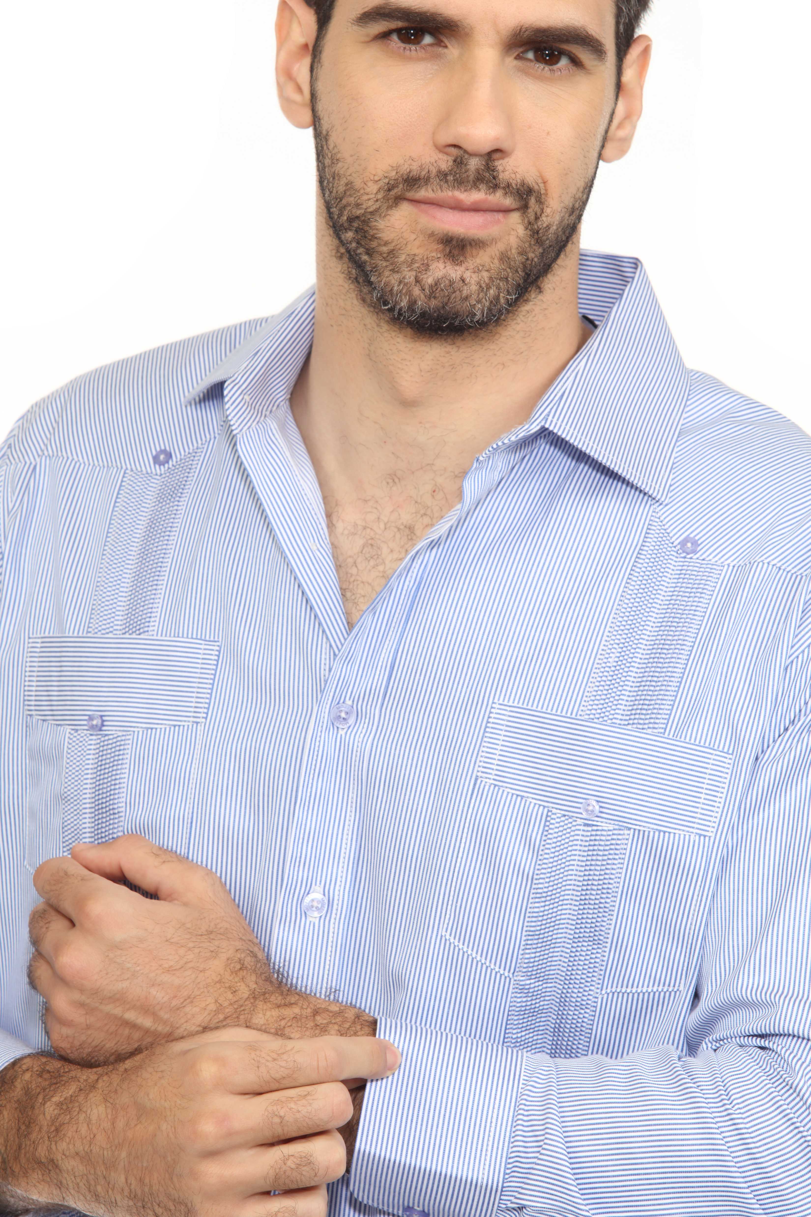 Camisa Guayabera de Rayas de Mezcla de Algodón para Hombre Manga Larga