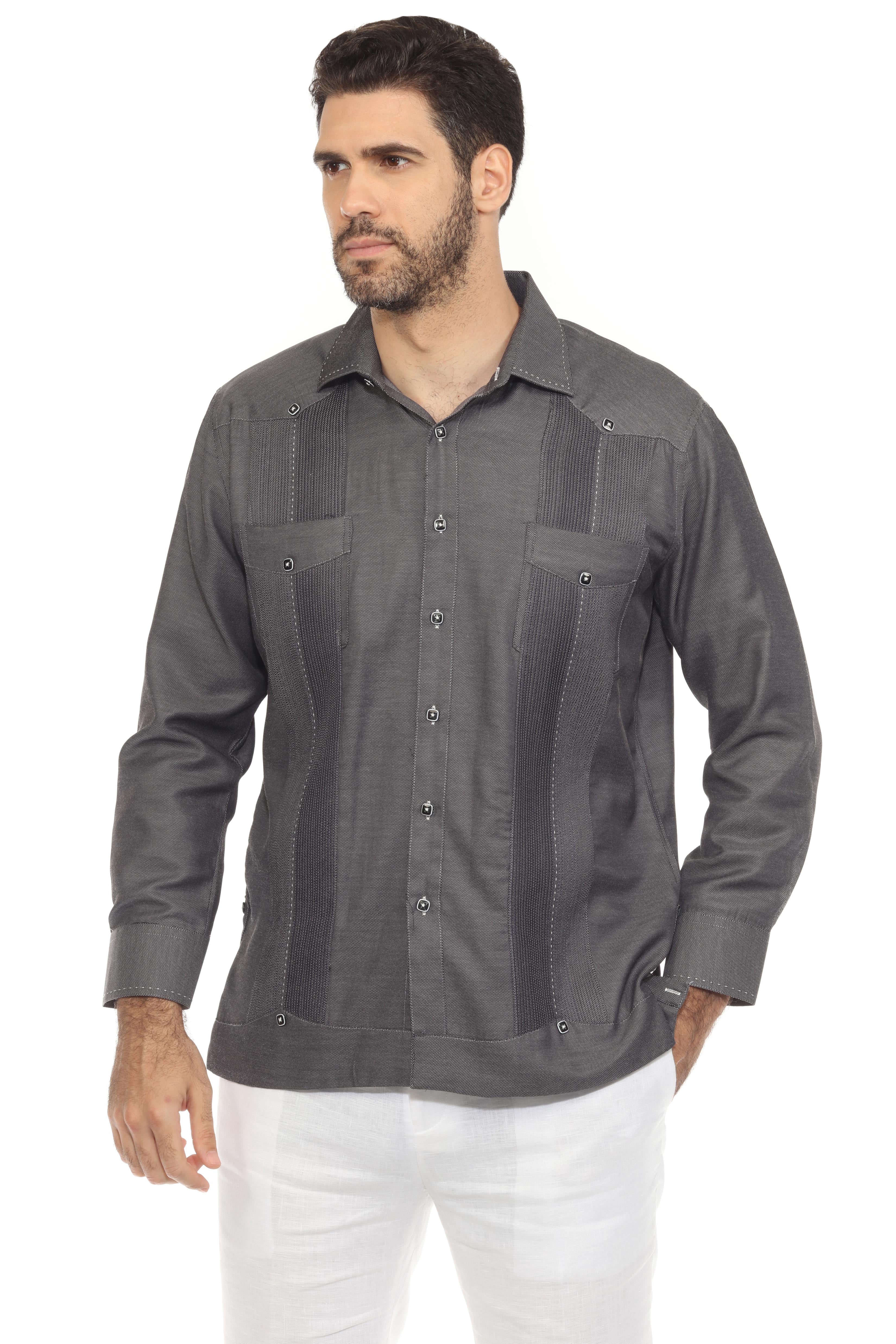 Men's Cotton Blend Guayabera Shirt Long Sleeve with Contrast Stitching Accent