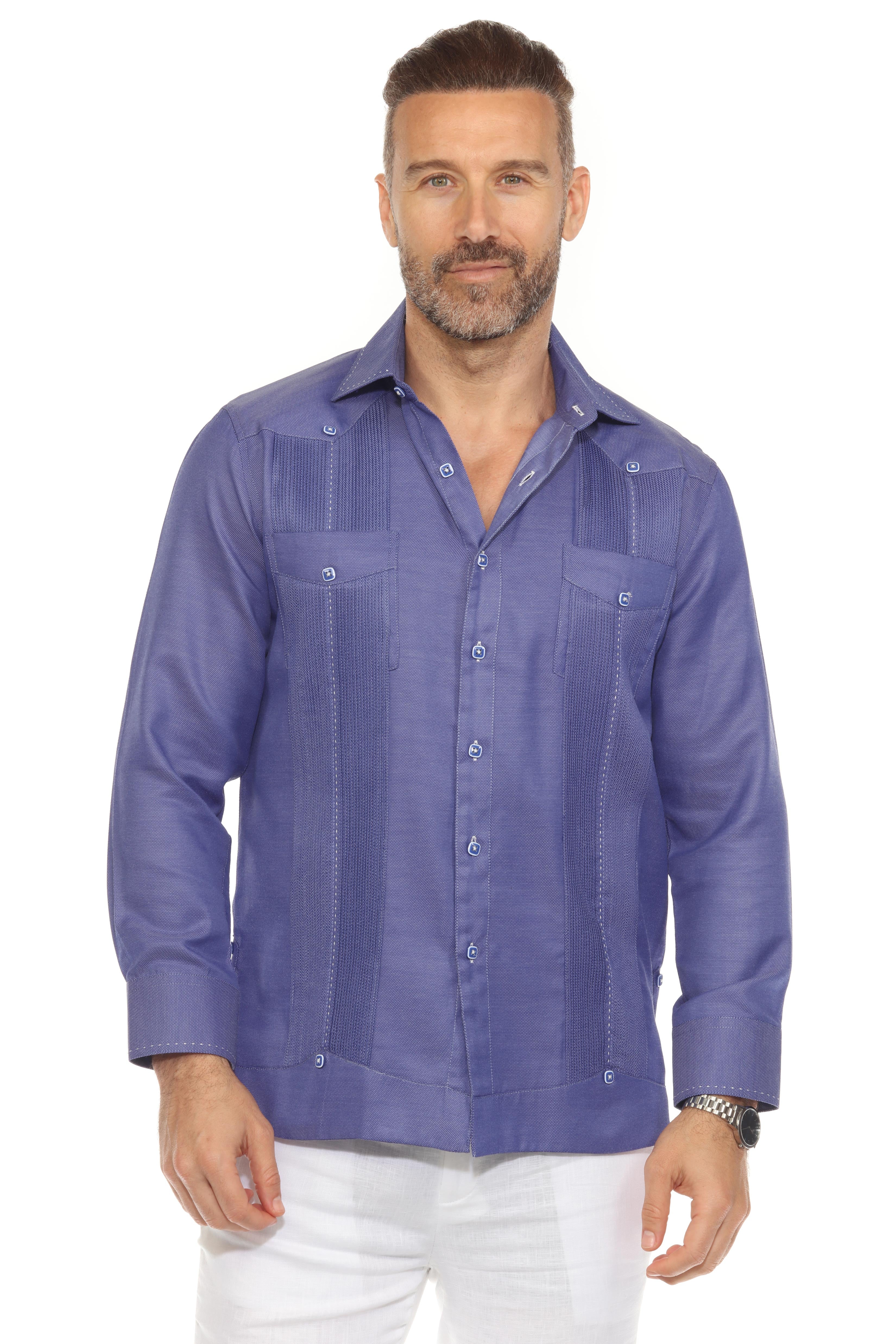 Men's Cotton Blend Guayabera Shirt Long Sleeve with Contrast Stitching Accent