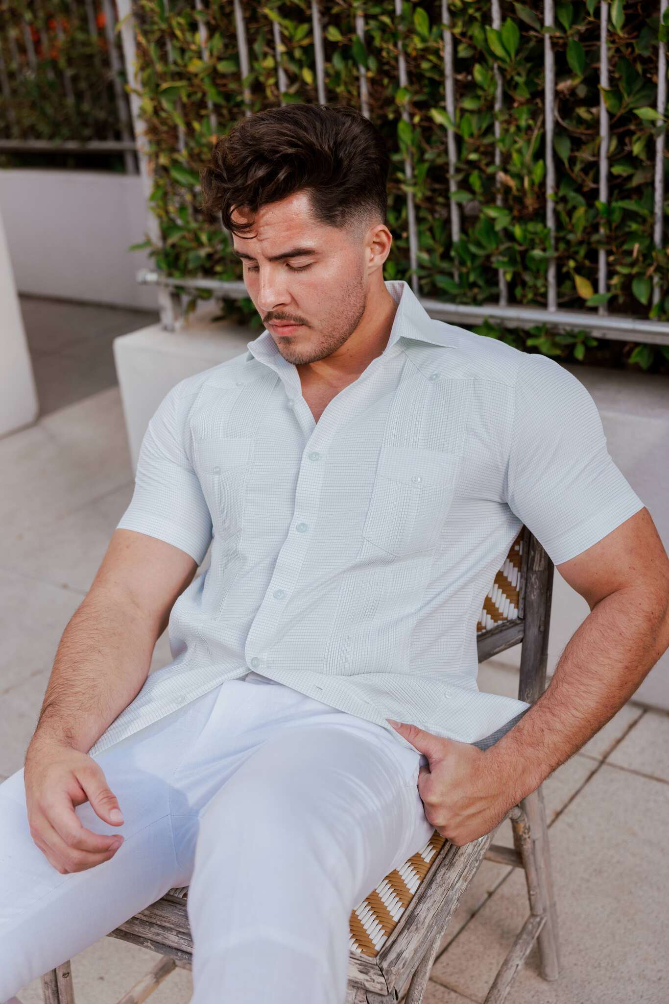 Camisa Guayabera de Mezcla de Algodón para Hombre, Manga Corta, con Estampado de Micro Cuadros