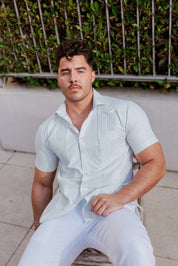 Camisa Guayabera de Mezcla de Algodón para Hombre, Manga Corta, con Estampado de Micro Cuadros