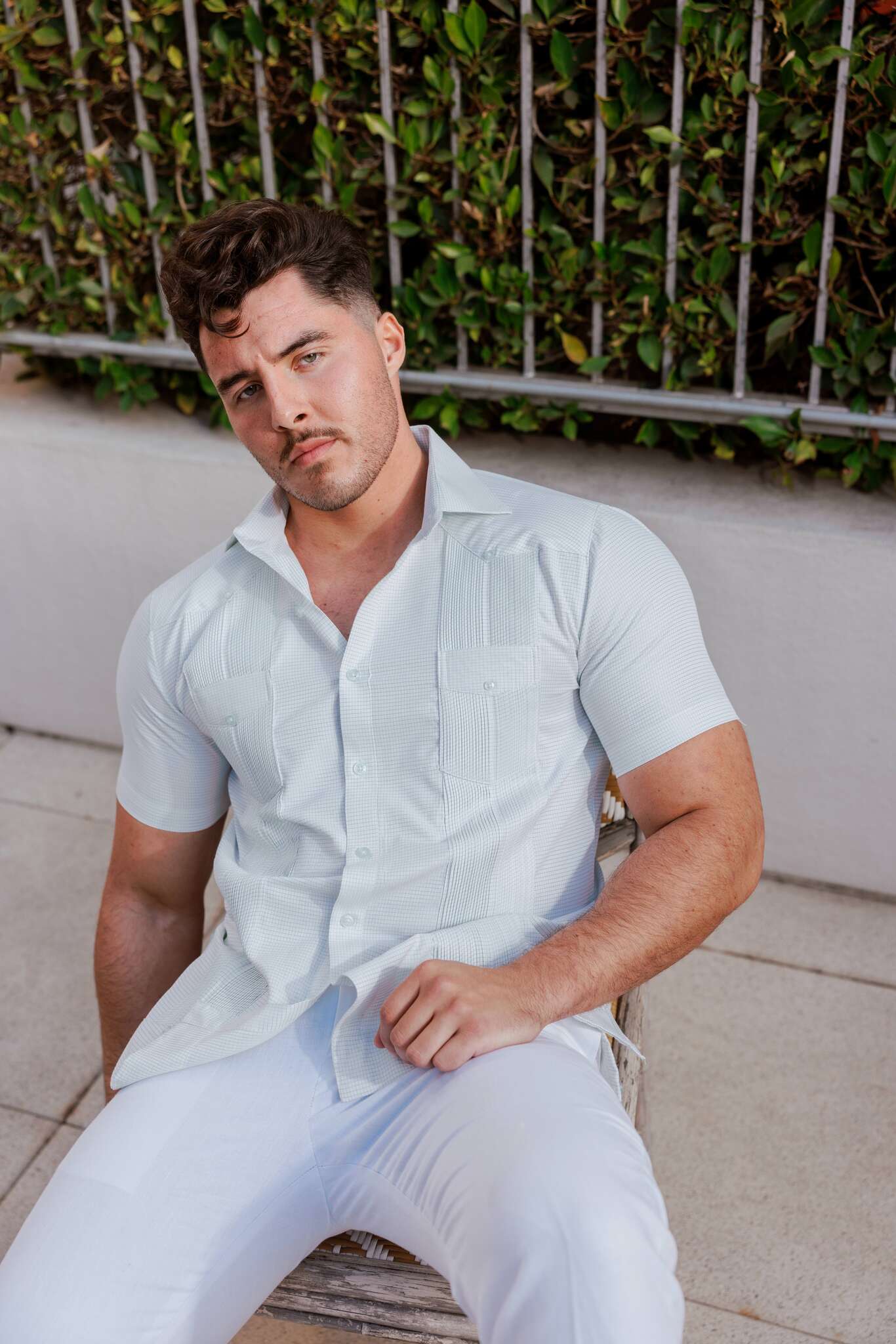 Camisa Guayabera de Mezcla de Algodón para Hombre, Manga Corta, con Estampado de Micro Cuadros