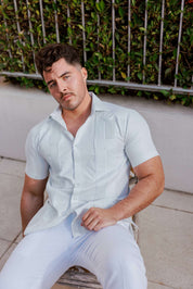 Camisa Guayabera de Mezcla de Algodón para Hombre, Manga Corta, con Estampado de Micro Cuadros