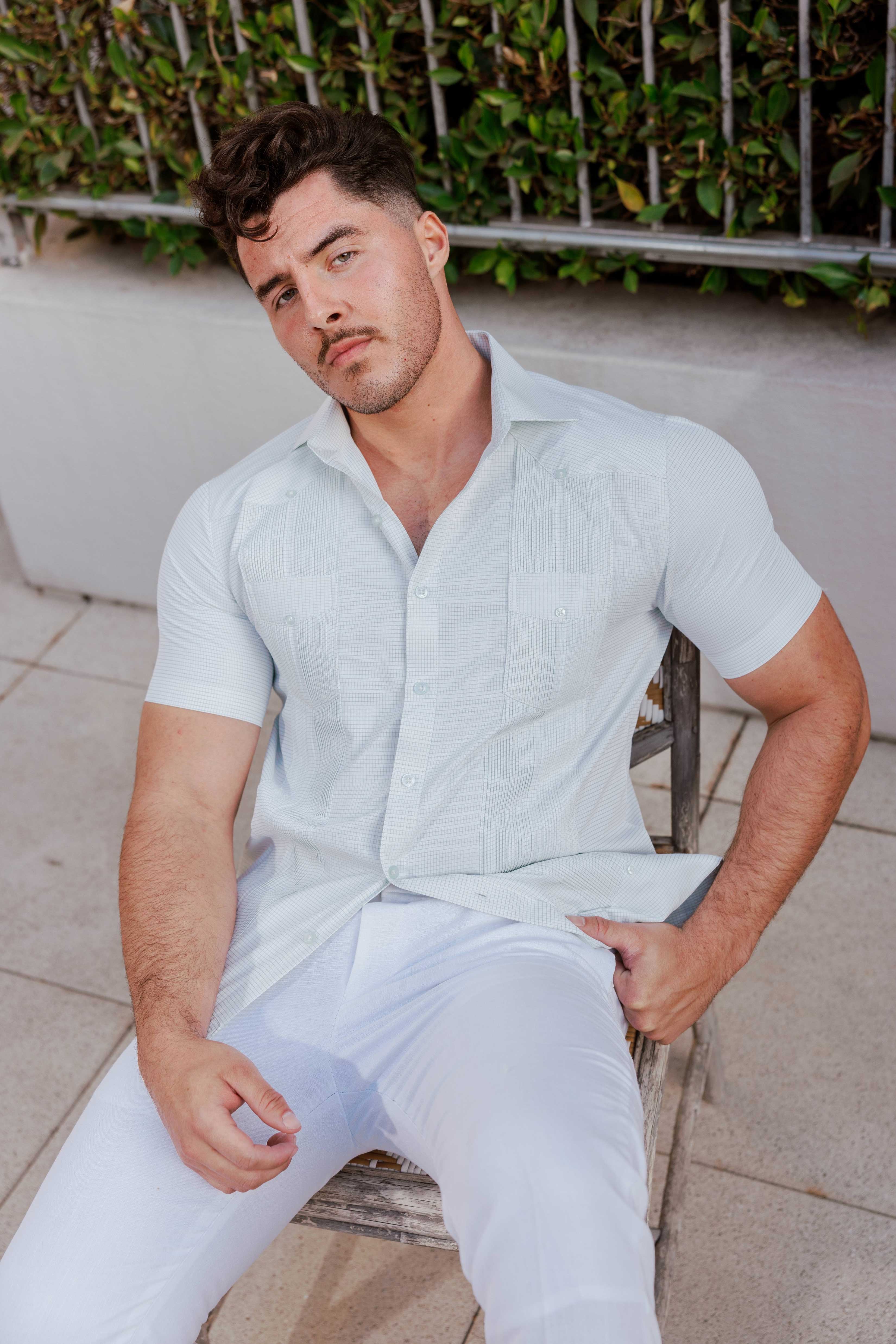 Camisa Guayabera de Mezcla de Algodón para Hombre, Manga Corta, con Estampado de Micro Cuadros