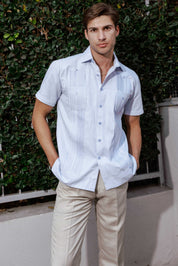 Camisa Guayabera de Mezcla de Algodón para Hombre, Manga Corta, con Estampado de Micro Cuadros