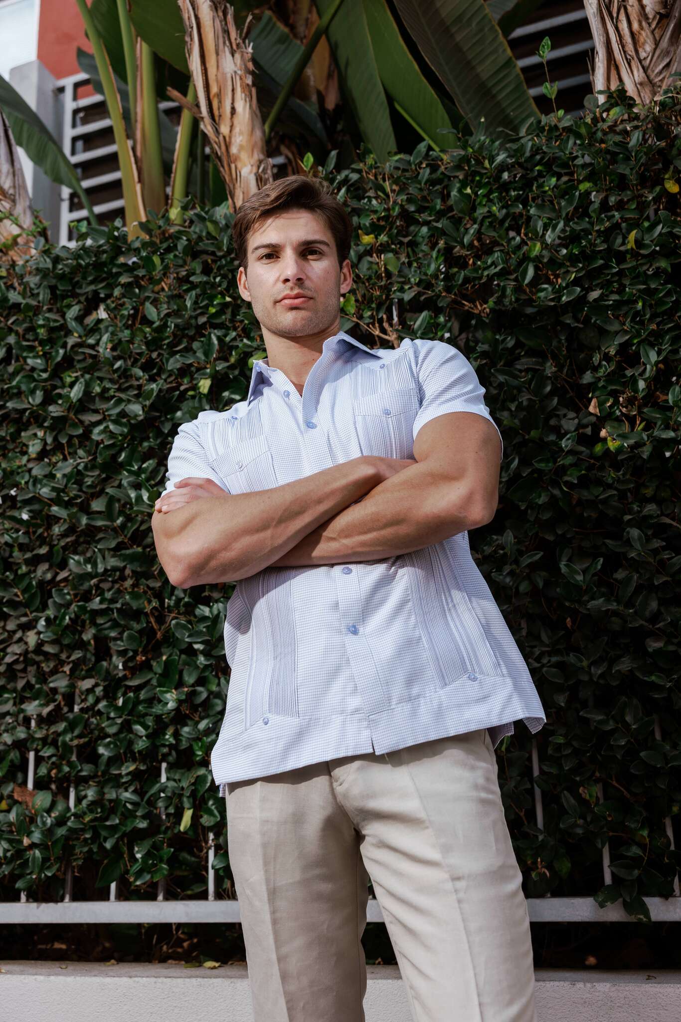 Camisa Guayabera de Mezcla de Algodón para Hombre, Manga Corta, con Estampado de Micro Cuadros