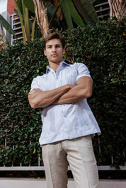 Camisa Guayabera de Mezcla de Algodón para Hombre, Manga Corta, con Estampado de Micro Cuadros